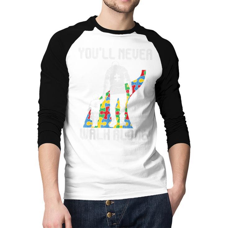 Vintage Father Son Family Autistic Kids Autism Awareness Dad Men Baseball Raglan Shirt