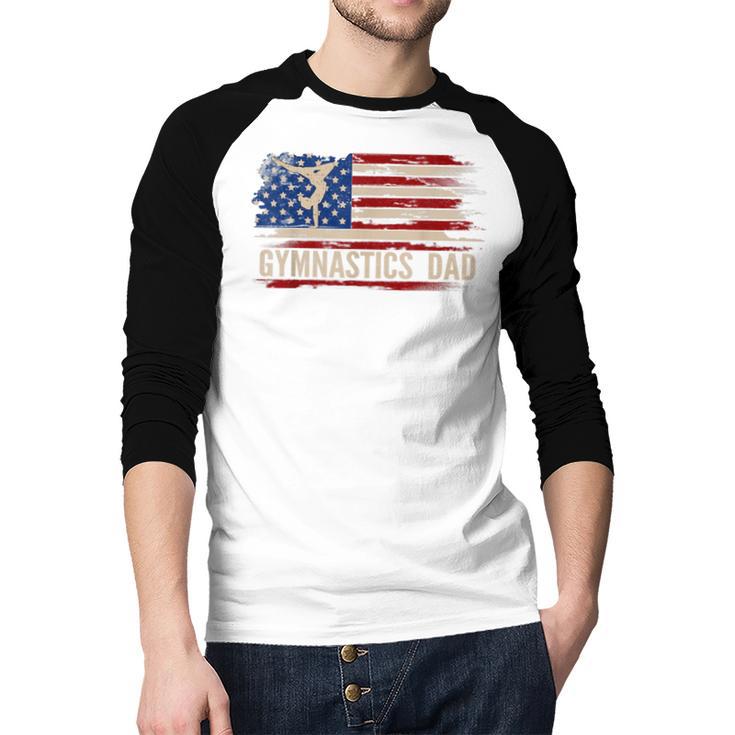 Vintage Gymnastics Dad American USA Flag Sports Men Baseball Raglan Shirt
