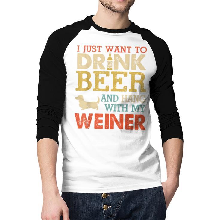 Weiner Dachshund Dad Drink Beer Hang With Dog Vintage Men Baseball Raglan Shirt