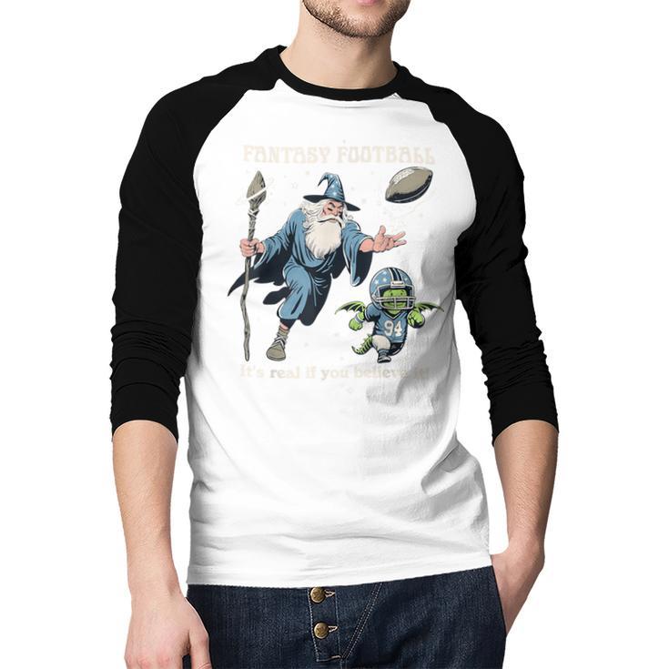 Wizard Dragon Fantasy Football Player Literal Dad Joke Men Baseball Raglan Shirt
