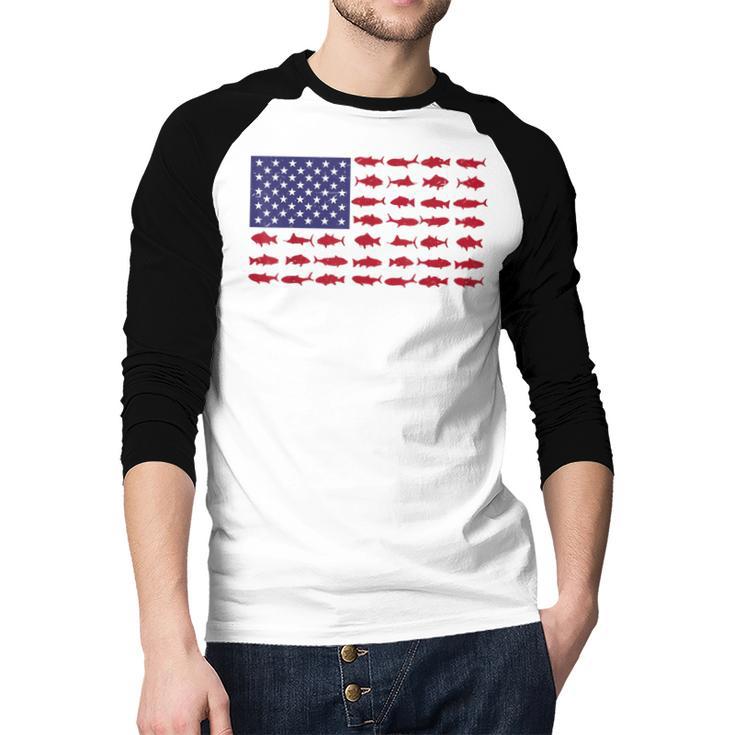 American Flag Fishing-Shirt Men Kids Bass Fish Dad Patriotic Men Baseball Raglan Shirt