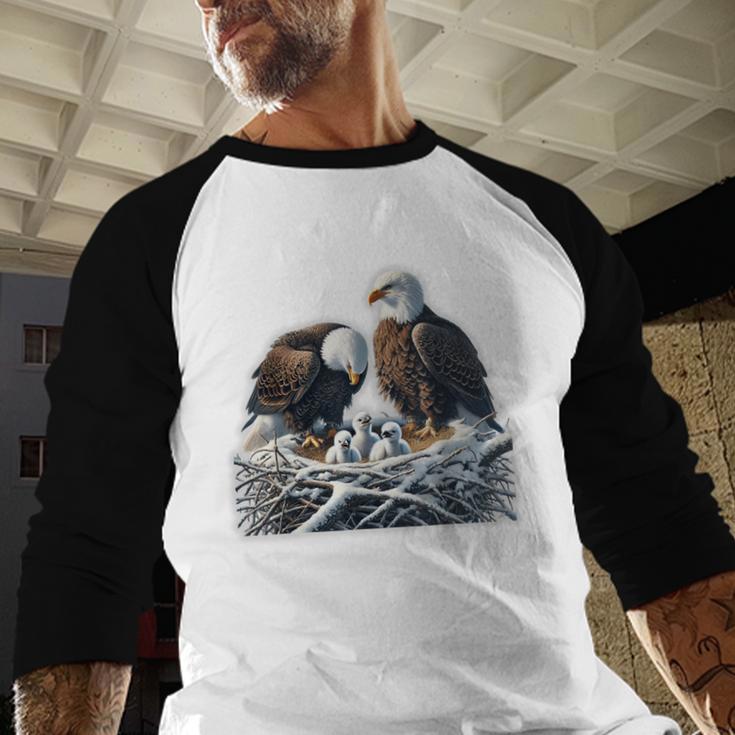 Bald Eagle Dad Mom Three Eaglet Chicks Babies In The Nest Men Baseball Raglan Shirt