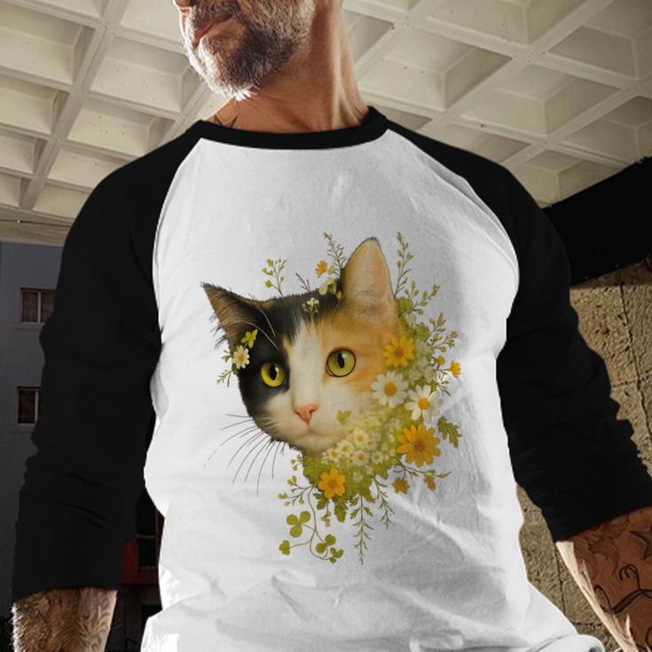 Calico Cat With Flowers For Mom Dad Women Men Kids Botanical Men Baseball Raglan Shirt