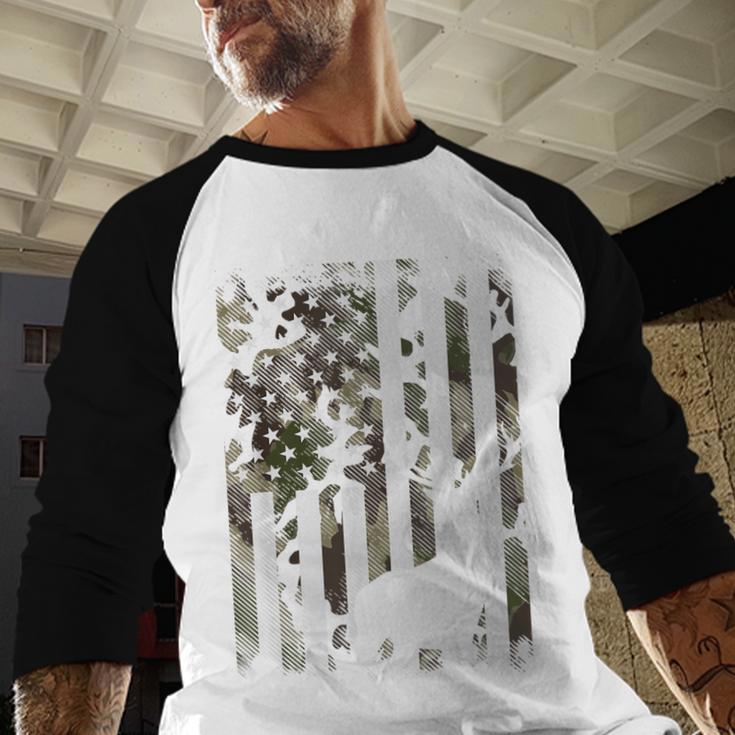 Camo US Flag Deer Elk Buck Camoflage Hunting Hunter Dad Short Sleeve Men Baseball Raglan Shirt