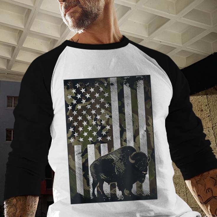 Camo USA Flag Bison Camouflage Hunting Wildlife Hunter Dad Men Baseball Raglan Shirt