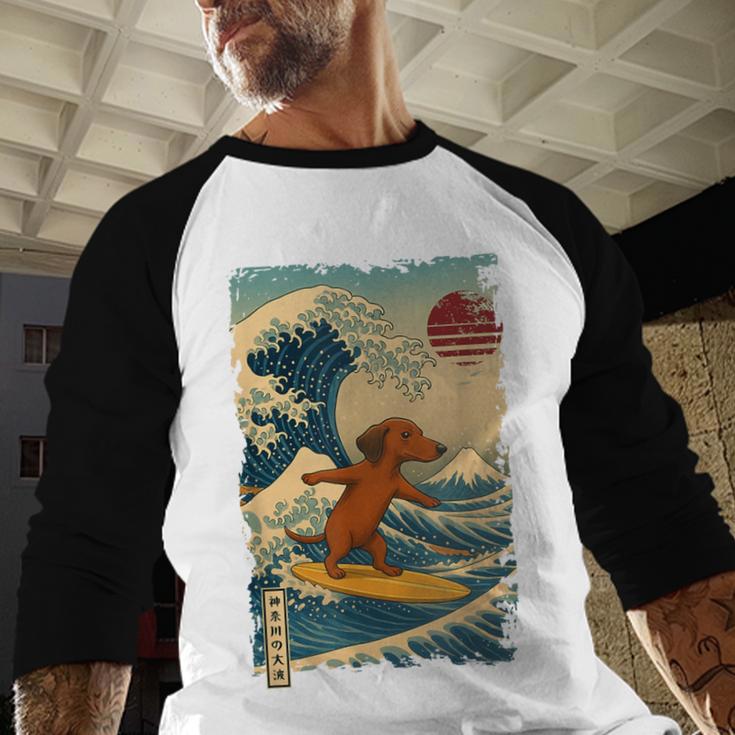 Dachshund Doxie Japanese Kanagawa Wave Surfing Japan Mom Dad Men Baseball Raglan Shirt