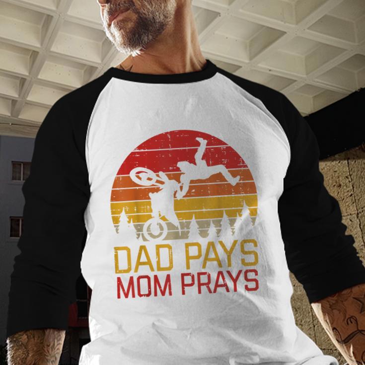 Dad Pays Mom Prays Dirt Bike Retro Motocross Boys Kids Men Baseball Raglan Shirt