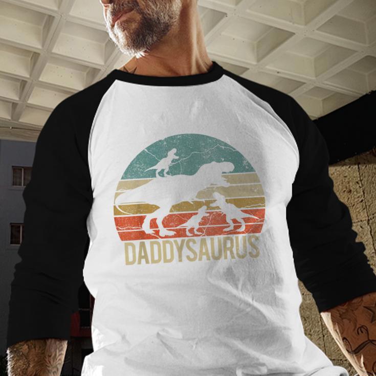 Daddy Dinosaur Daddysaurus 3 Three Kids Xmas Men Baseball Raglan Shirt