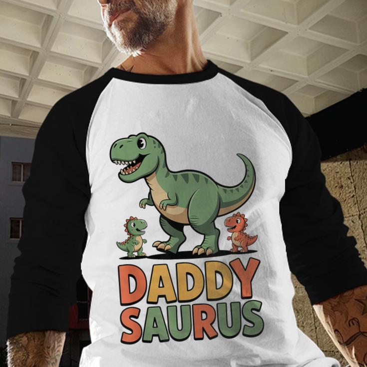Daddy Saurus Dinosaur Dad Of Two Kids Dino Family Men Baseball Raglan Shirt