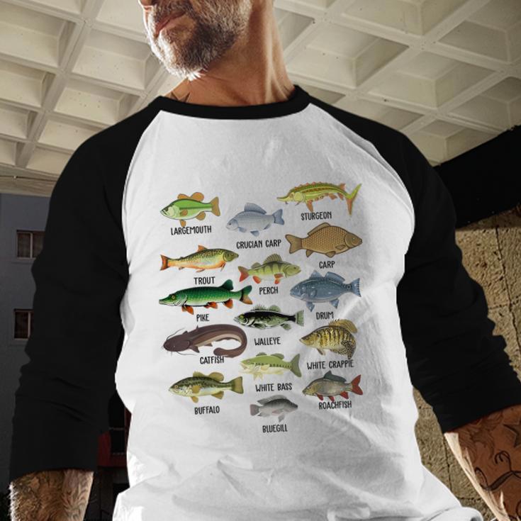 Fishing-Shirt Types Of Freshwater Bass Fish Dad Jokes Men Baseball Raglan Shirt