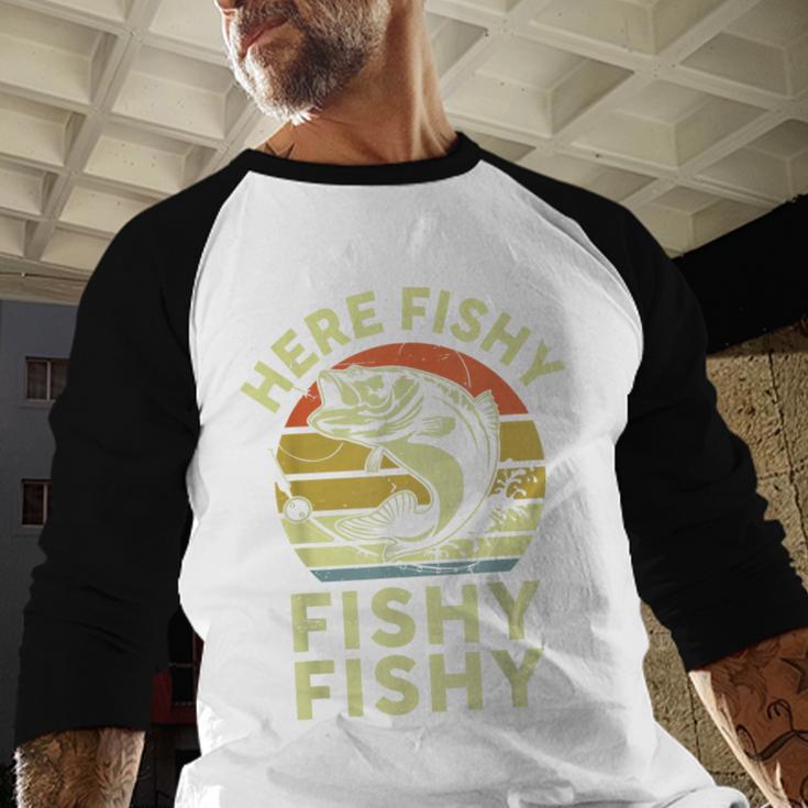 Here-Fishy Fishing Boy Large Mouth Bass Dad Men Baseball Raglan Shirt