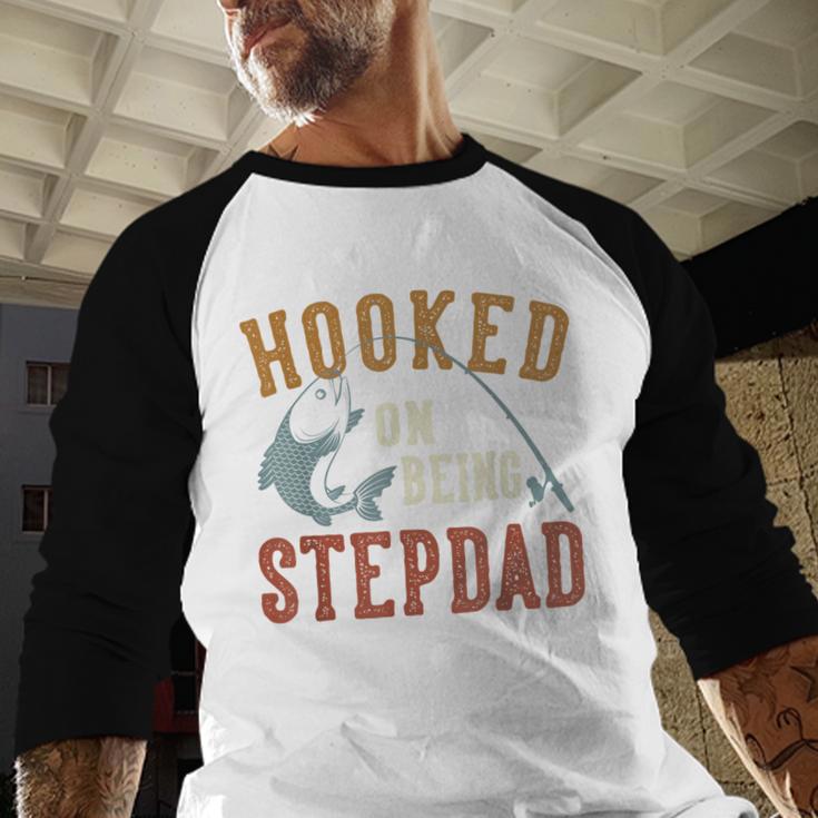 Hooked On Being Stepdad Father's Day Fishing Stepdad Men Baseball Raglan Shirt