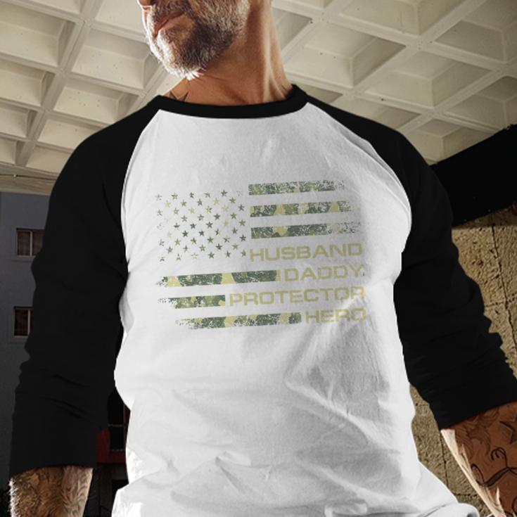 Husband Daddy Protector Hero Fathers Day Camo American Flag Men Baseball Raglan Shirt