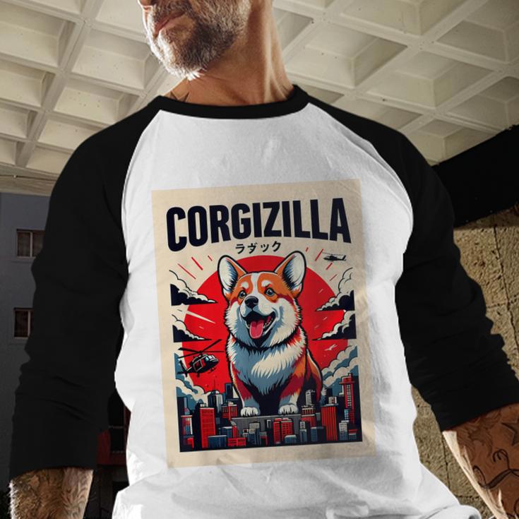 Japanese Art Corgi Dog Mom Dad Men Baseball Raglan Shirt