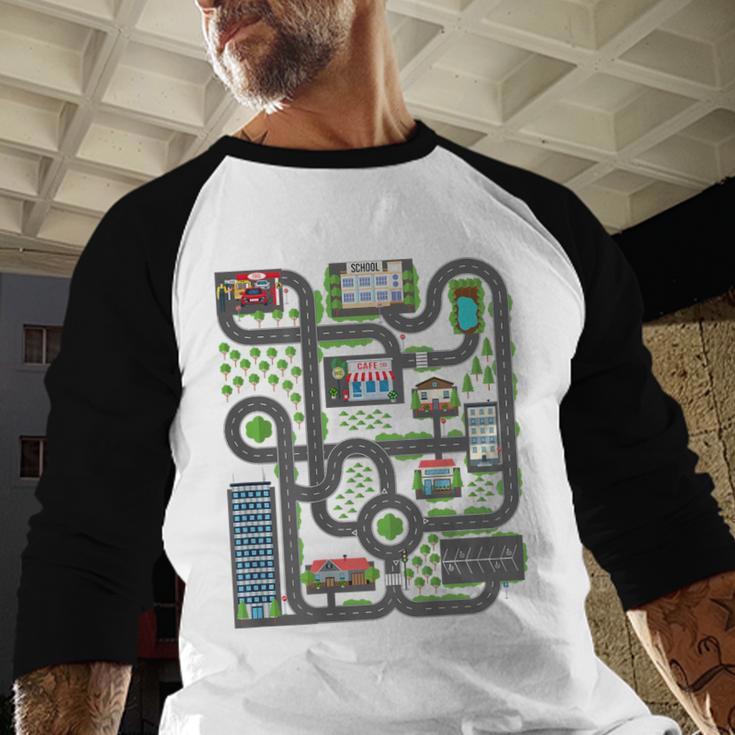 Kid Play Cars On Dad Back Race Track Mat Fathers Day Men Baseball Raglan Shirt