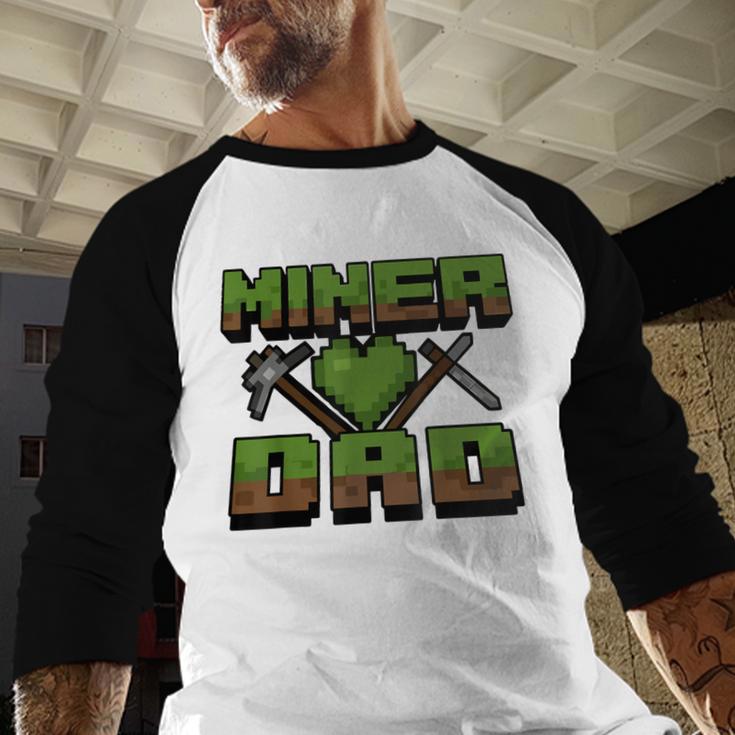 Miner Dad Birthday Boy Party Video Gamer Pixel Men Baseball Raglan Shirt