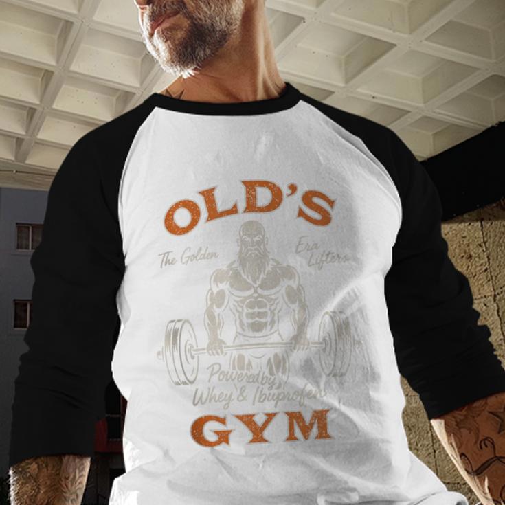 Old's Gym Logo Workout Dad Grandpa Weightlifting Old Men Gym Men Baseball Raglan Shirt