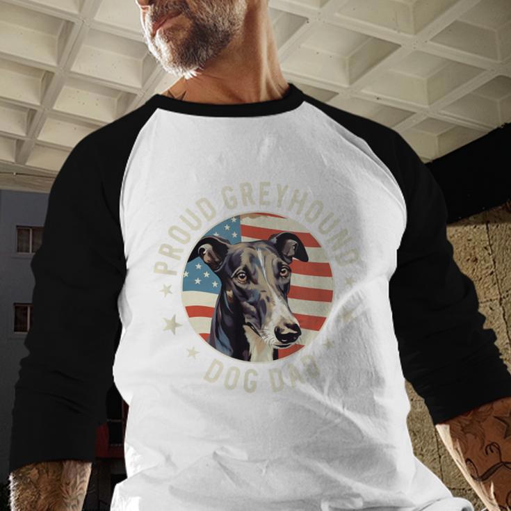 Proud Greyhound Dad American Flag Patriotic Greyhound Dad Men Baseball Raglan Shirt