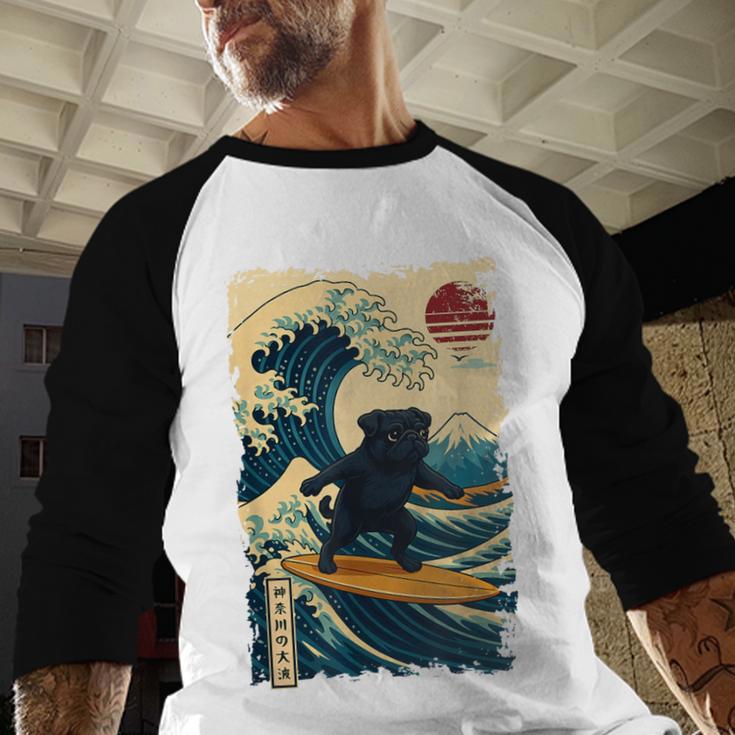 Pug Japanese Kanagawa Wave Surfing Japan Mom Dad Kids Men Baseball Raglan Shirt