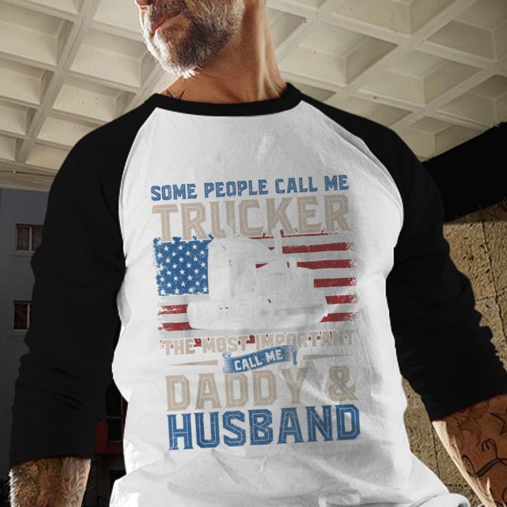 Semi Truck Driver Trucker Daddy Husband US American Flag Men Baseball Raglan Shirt