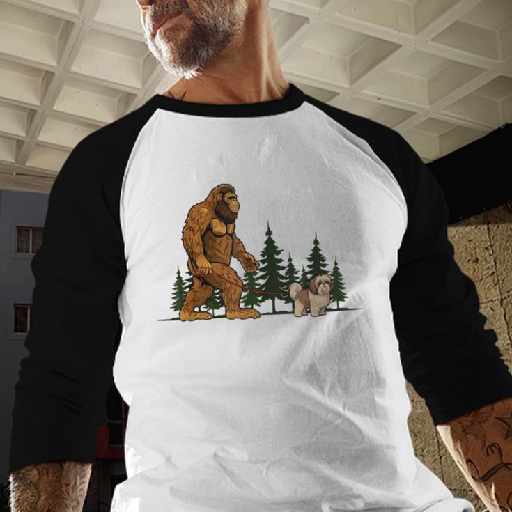 Shih Tzu Bigfoot Dog Walking Mom Dad Kids Men Baseball Raglan Shirt
