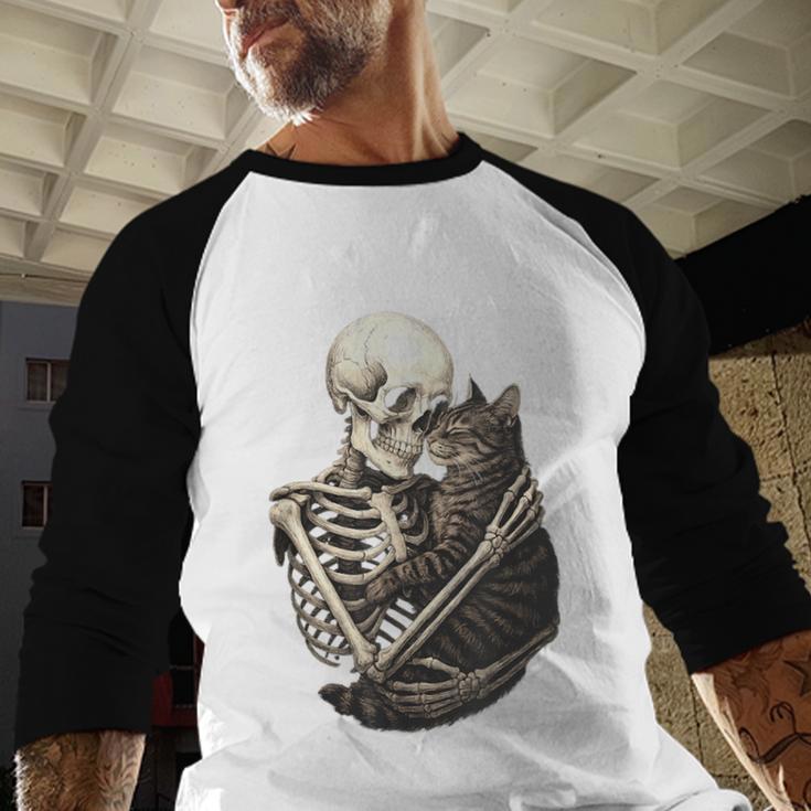 Skeleton Hugging Cat Halloween Cat Lover Cat Mom Dad Men Baseball Raglan Shirt