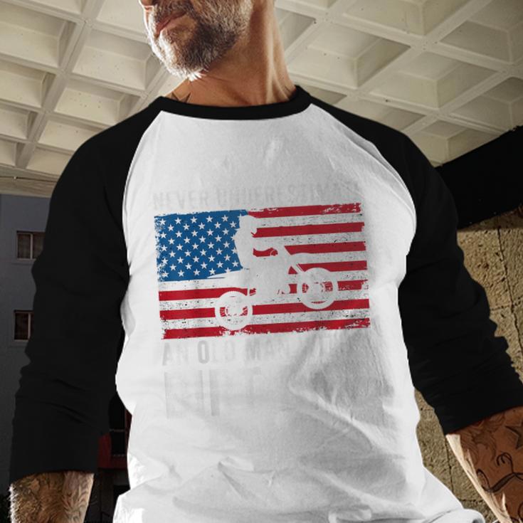 Never Underestimate An Old Man With A Dirt Bike Grandpa Dad Men Baseball Raglan Shirt