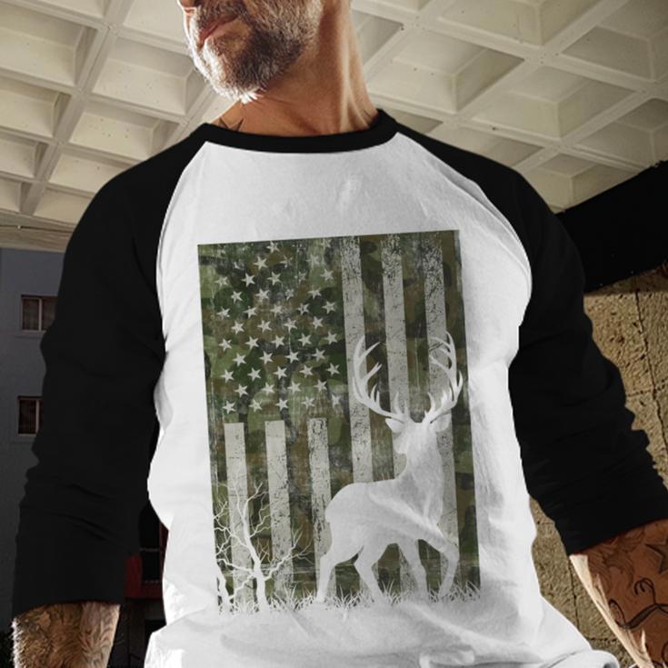 US Flag Deer Elk Buck Camoflage Hunting Hunter Dad Grandpa Men Baseball Raglan Shirt
