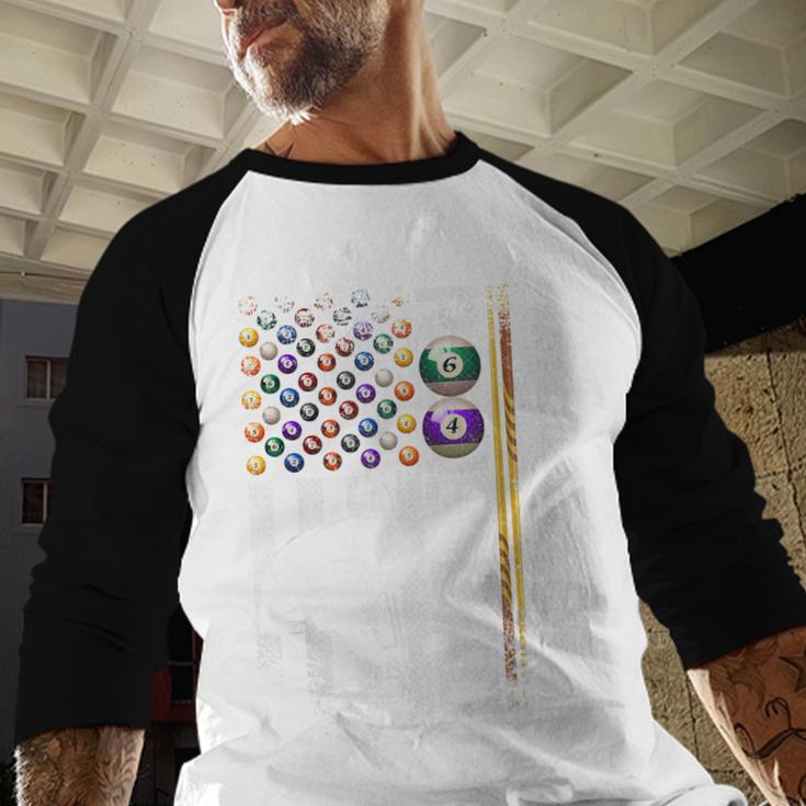 Vintage USA Flag Billiards Player Proud Pool Dad Men Baseball Raglan Shirt