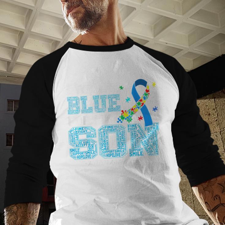 I Wear Blue For My Son Autism Awareness Mom Dad Parents Men Baseball Raglan Shirt