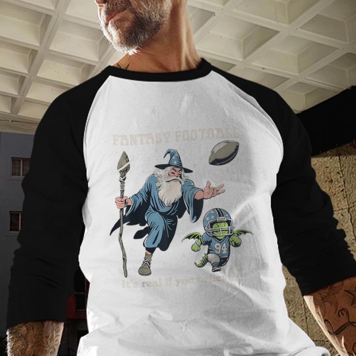 Wizard Dragon Fantasy Football Player Literal Dad Joke Men Baseball Raglan Shirt