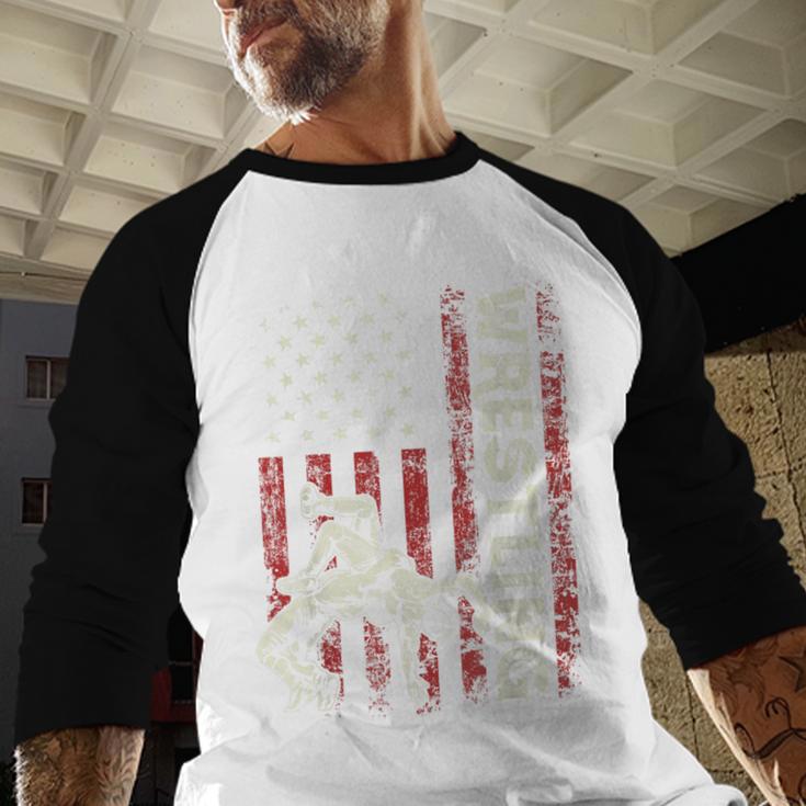 Wrestling US Flag Dad Wrestler Patriotic 4th Of July Men Baseball Raglan Shirt