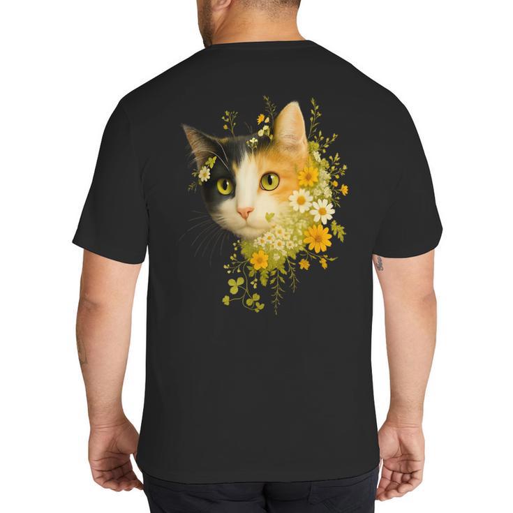 Calico Cat With Flowers For Mom Dad Women Men Kids Botanical Big And Tall Men's T-Shirt Back Print