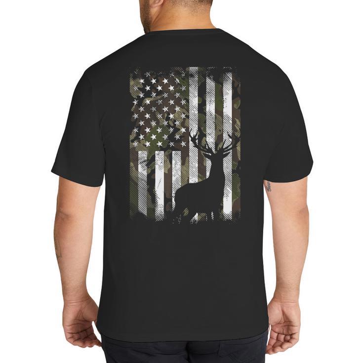 Camo US Flag Deer Elk Buck Camoflage Hunting Hunter Dad Short Sleeve Big And Tall Men's T-Shirt Back Print
