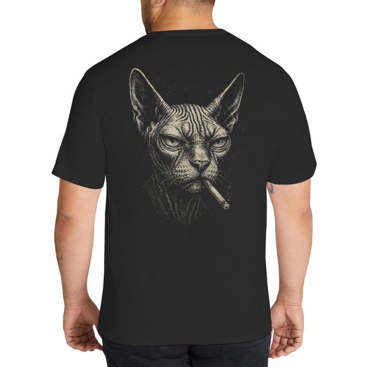 Cigarette Smoking Sphynx Cat Meme Stupid For Dad Big And Tall Men's T-Shirt Back Print
