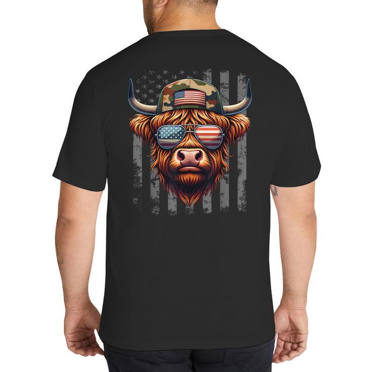 Highland Cow 4th July USA Flag Dad Father America Men Boys Big And Tall Men's T-Shirt Back Print