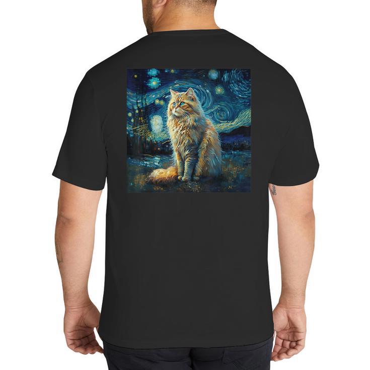 Van Gogh Starry Night Cat For Cat Lover Cat Mom And Cat Dad Big And Tall Men's T-Shirt Back Print
