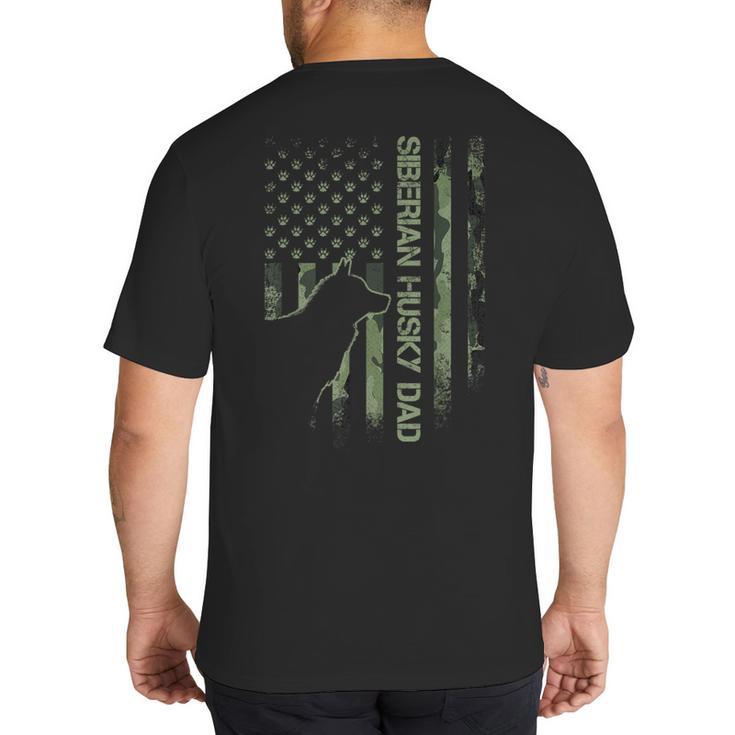 Vintage USA Camo Flag Proud Siberian Husky Dad Silhouette Big And Tall Men's T-Shirt Back Print