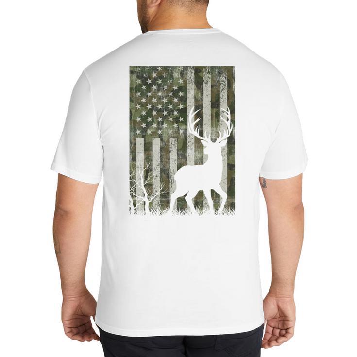 US Flag Deer Elk Buck Camoflage Hunting Hunter Dad Grandpa Big And Tall Men's T-Shirt Back Print
