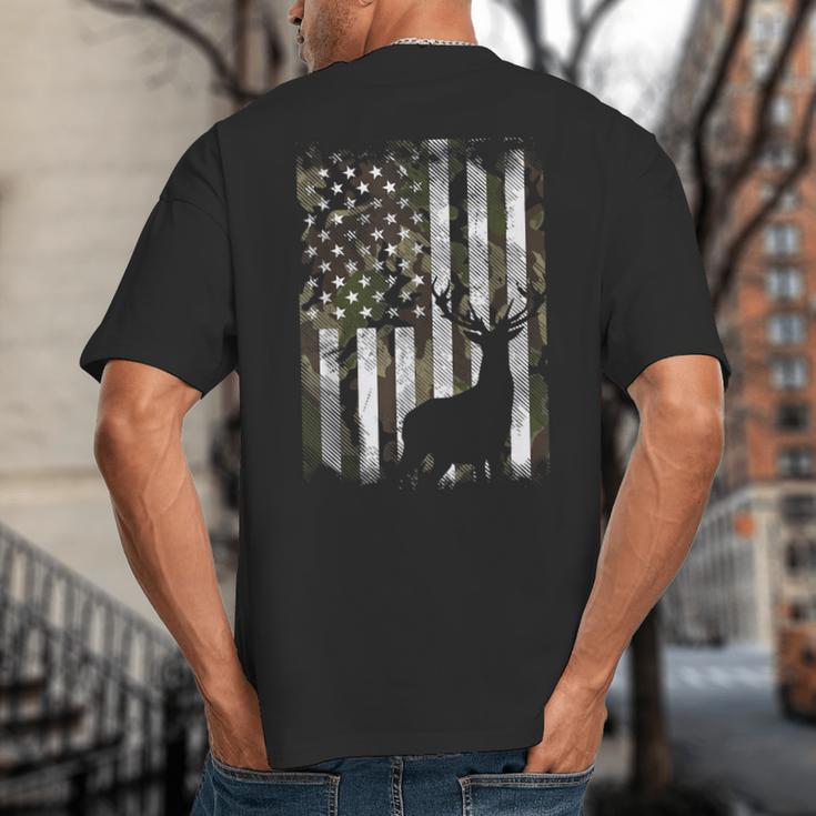 Camo US Flag Deer Elk Buck Camoflage Hunting Hunter Dad Short Sleeve Big And Tall Men's T-Shirt Back Print