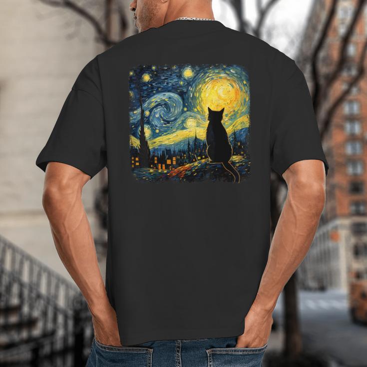 Cat Starry Night Van Gogh Cat For Cat Lover Cat Mom Cat Dad Big And Tall Men's T-Shirt Back Print