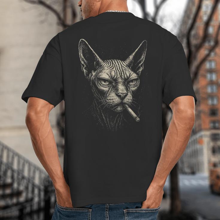 Cigarette Smoking Sphynx Cat Meme Stupid For Dad Big And Tall Men's T-Shirt Back Print