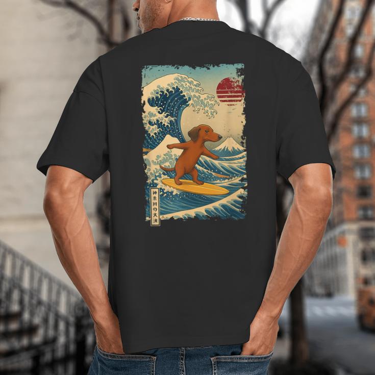 Dachshund Doxie Japanese Kanagawa Wave Surfing Japan Mom Dad Big And Tall Men's T-Shirt Back Print Dachshund Doxie Japanese Kanagawa Wave Surfing Japan Mom Dad Big And Tall Men's T-Shirt Back Print