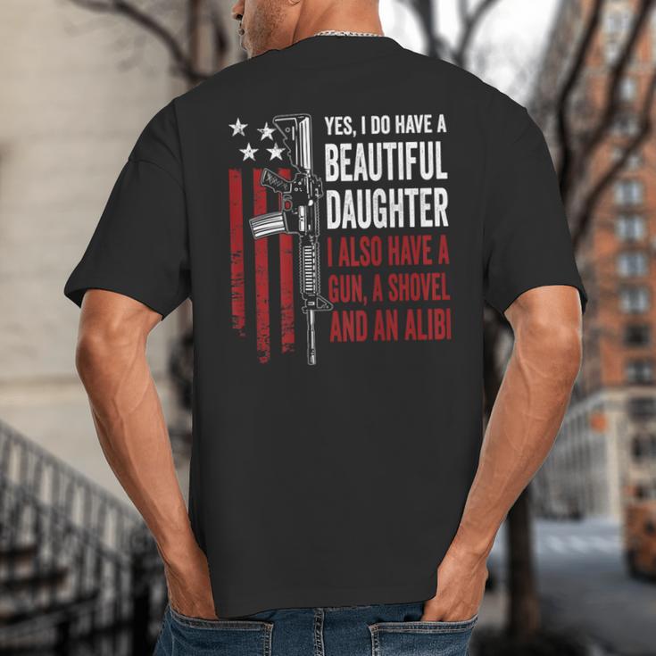 Daughter Gun Shovel Alibi Mom Dad Guns Joke -ON Back Big And Tall Men's T-Shirt Back Print