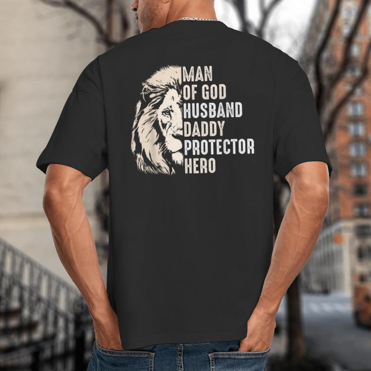 Man Of God Husband Daddy Protector Hero Lion Father's Day Big And Tall Men's T-Shirt Back Print
