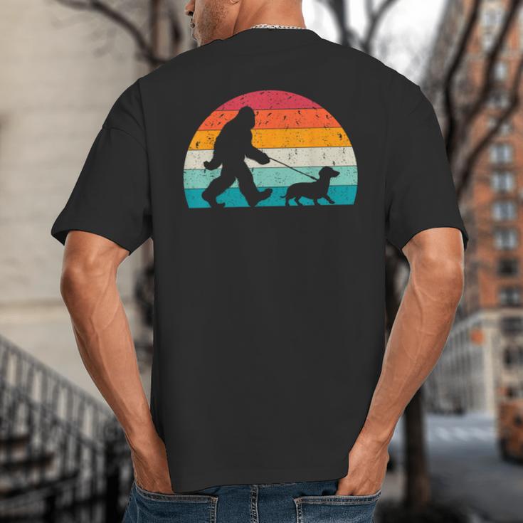 Retro Sasquatch Lover Doxie Wiener Dog Walker Bigfoot Walking a Dog Dachshund Weiner Dog Dad Weenie Small Big And Tall Men's T-Shirt Back Print