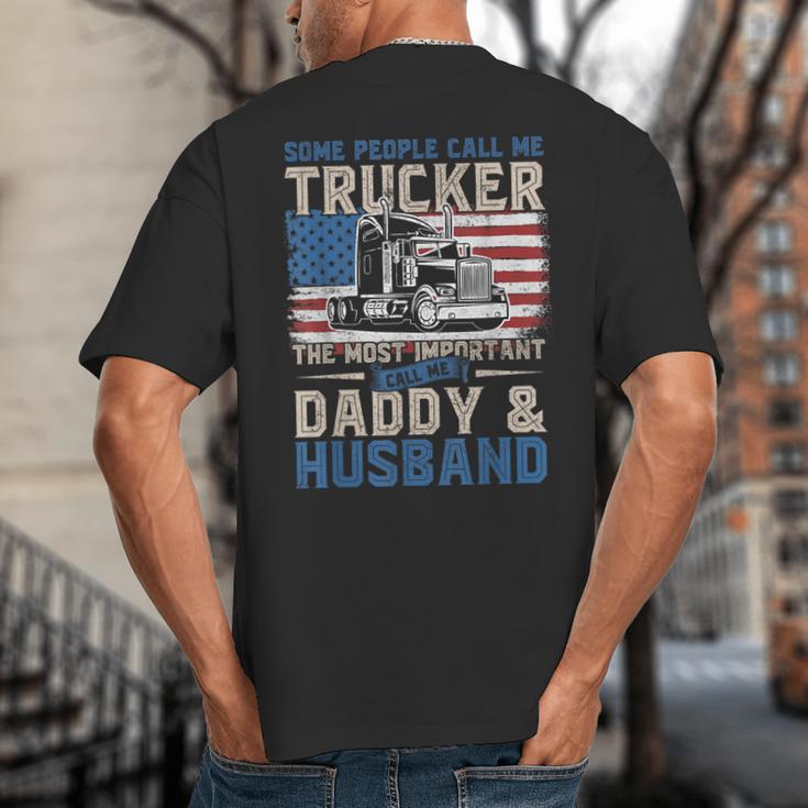 Semi Truck Driver Trucker Daddy Husband US American Flag Big And Tall Men's T-Shirt Back Print