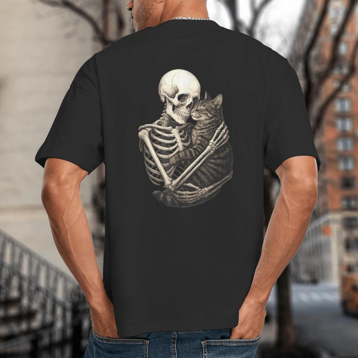 Skeleton Hugging Cat Halloween Cat Lover Cat Mom Dad Big And Tall Men's T-Shirt Back Print