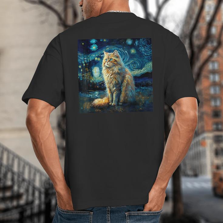 Van Gogh Starry Night Cat For Cat Lover Cat Mom And Cat Dad Big And Tall Men's T-Shirt Back Print