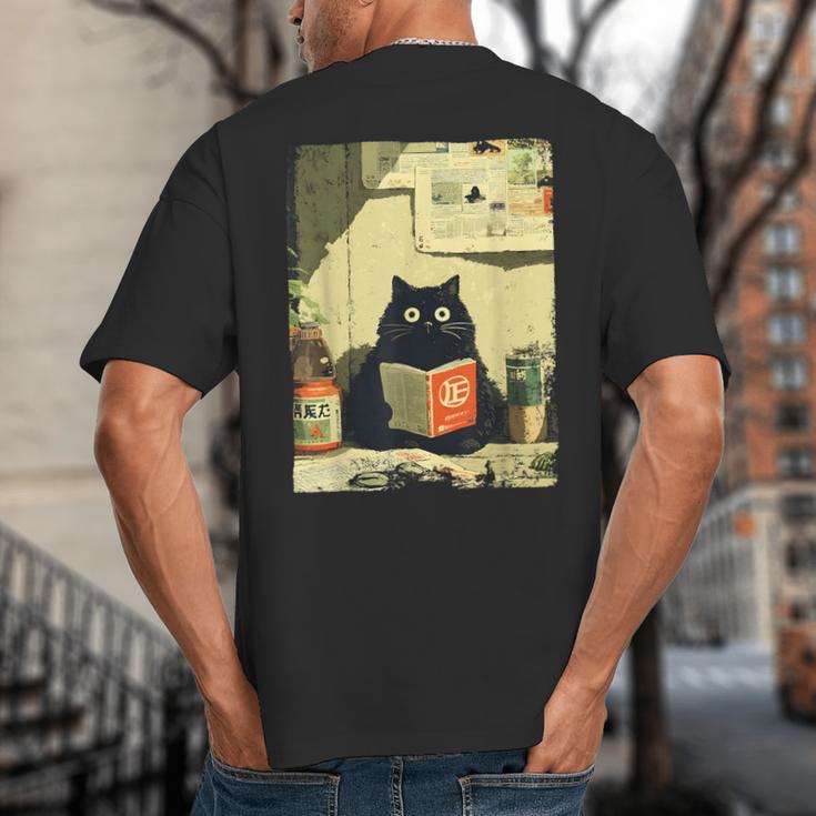 Vintage Japanese Cat Book Lovers Librarian Cat Dad Teacher Big And Tall Men's T-Shirt Back Print